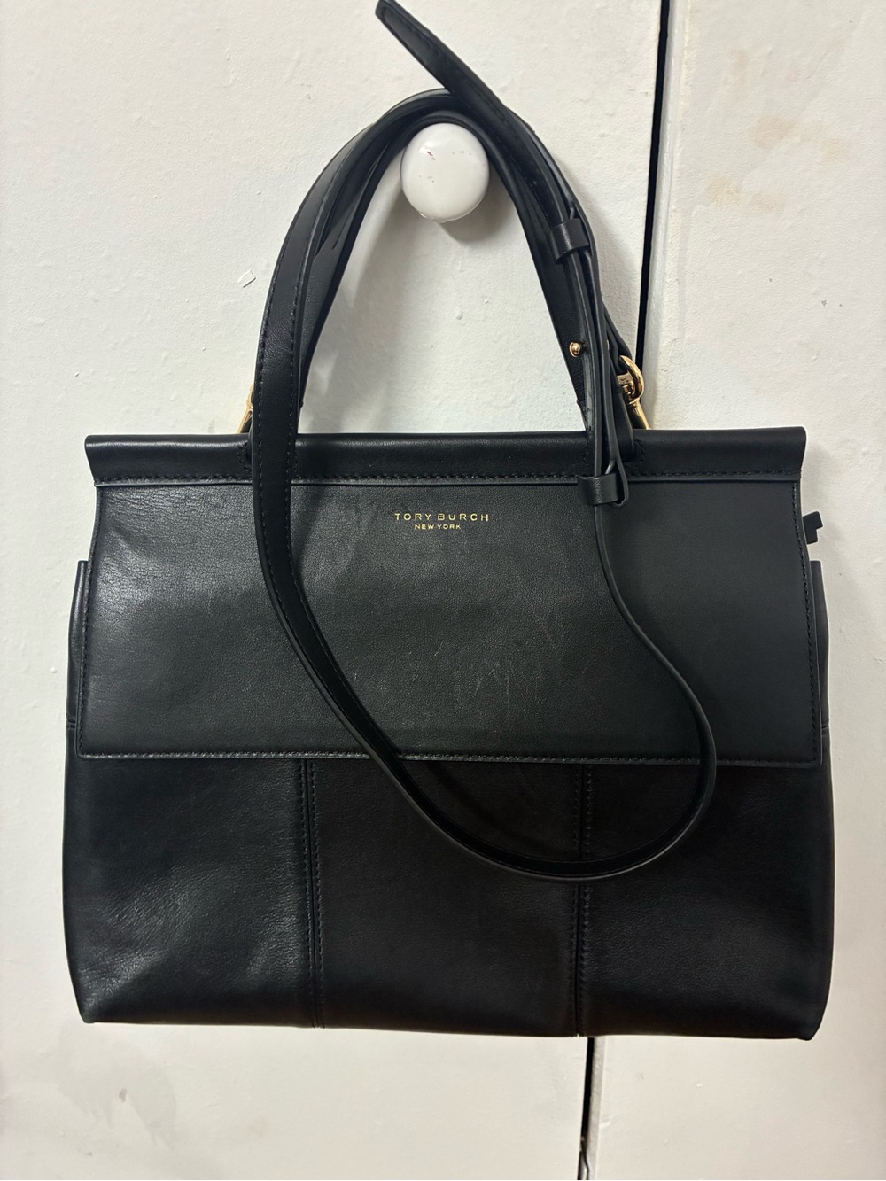 Tory Burch Black Leather Structured Satchel with Gold Logo